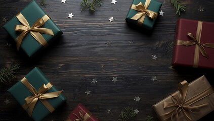 Christmas gifts wrapped presents with ribbon on dark wood background flat lay view