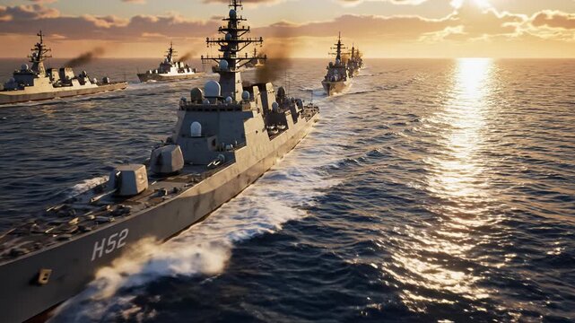 A fleet of modern warships sailing in formation on the open sea at sunset, with a lead vessel marked H52.