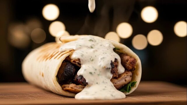 Pouring creamy white sauce on a hot gyro wrap. Close-up of steaming meat and pita bread with tzatziki. Delicious Mediterranean street food concept