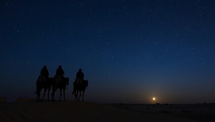 Night desert caravan travel: starry sky, camel silhouette, adventure tourism scene