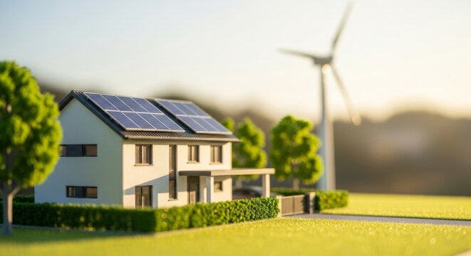 Sustainable modern home model with solar panels and wind turbine for green energy