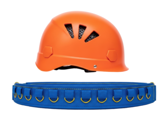 Isolated safety helmet and blue safety belt used for working at heights, no background