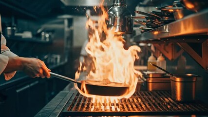 Professional chef cooking with a large flame in a commercial kitchen. Close-up of a frying pan with dramatic fire and sparks during food preparation. Culinary arts concept - Powered by Adobe