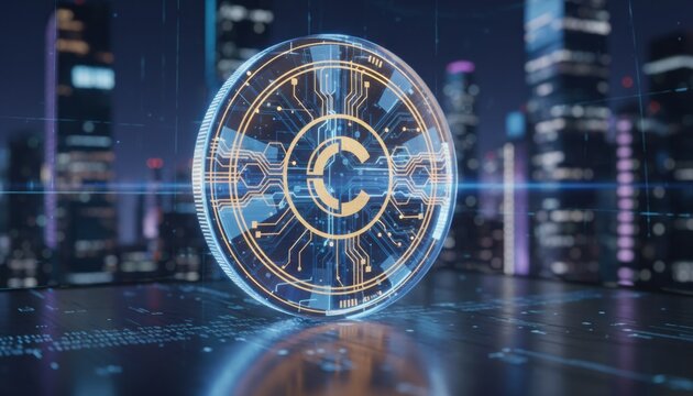 Concept of futuristic digital finance and blockchain innovation represented by glowing crypto coin in cyber cityscape