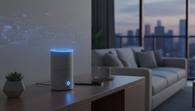 Smart home speaker with blue light in modern apartment at dusk showing ai technology and urban lifestyle