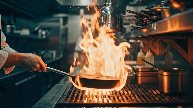 Professional chef cooking with a large flame in a commercial kitchen. Close-up of a frying pan with dramatic fire and sparks during food preparation. Culinary arts concept