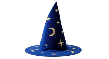 Fototapeta premium Isolated blue wizard hat with golden stars, for magic parties, games, and fantasy themes