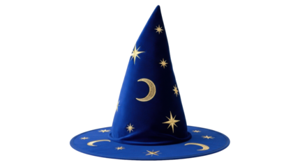 Isolated blue wizard hat with golden stars, for magic parties, games, and fantasy themes