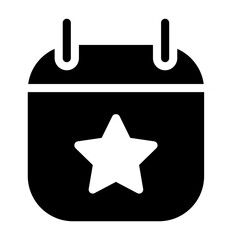 Bold glyph icon of a calendar with star badge, filled scheduling reminder symbol.