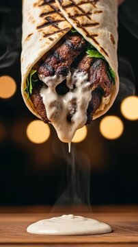 Grilled shawarma wrap with dripping white sauce. Close up of hot meat kebab with steam rising against bokeh lights. Delicious street food concept