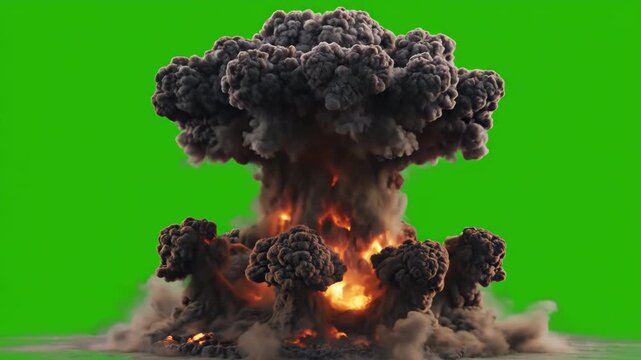 Nuclear explosion mushroom cloud on green screen for visual effects and simulation