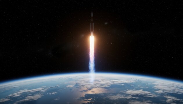 A rocket lifts beyond Earth with bright exhaust against a star field. The ascent symbolizes exploration themes tied to future space missions