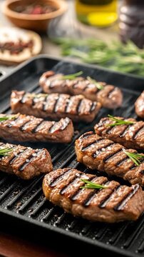 Grilled meat patties sizzling on a hot pan with smoke and steam. Vertical video of juicy beef kebabs garnished with rosemary and sea salt. Delicious barbecue food concept
