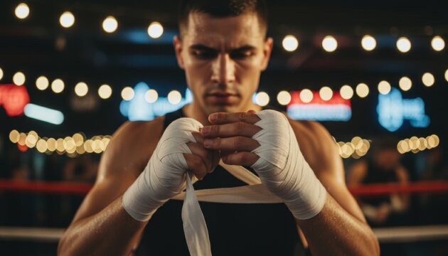 boxer wrapping hand in dim arena symbol of preparation strength and commitment during evening training - Powered by Adobe
