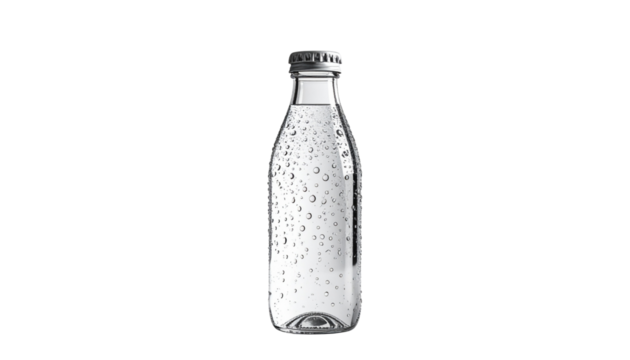 Clear Glass Bottle Filled With Sparkling Water With Bubbles, Isolated PNG