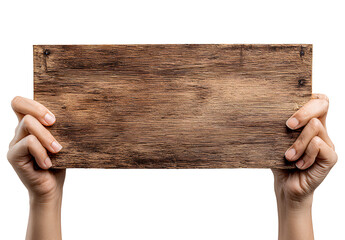 Human hands holding a blank wooden sign board with visible wood grain texture for creative messaging or advertising display