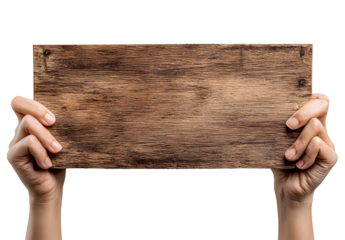 Human hands holding a blank wooden sign board with visible wood grain texture for creative messaging or advertising display