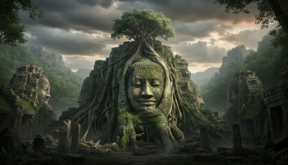 Ancient stone buddha face entwined with tree roots in misty cambodian jungle temple at mystical sunrise