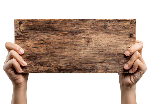 Human hands holding a blank wooden sign board with visible wood grain texture for creative messaging or advertising display - Powered by Adobe