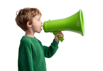 Little boy shouting into green megaphone sideways wearing a green sweater with transparent background holding megaphone 110 characters
