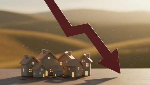 Wooden miniature houses made from softwood from northern europe under a red falling arrow symbolizing real estate decline in warm daylight