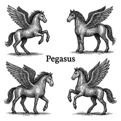 Pegasus Winged Horse in Detailed Vintage Engraving Style Transparent Background
