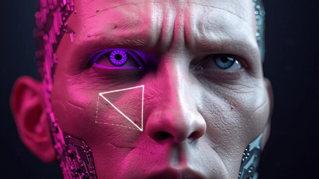 Cybernetic Man with Glowing Pink Circuitry on Face in Dramatic Extreme Closeup