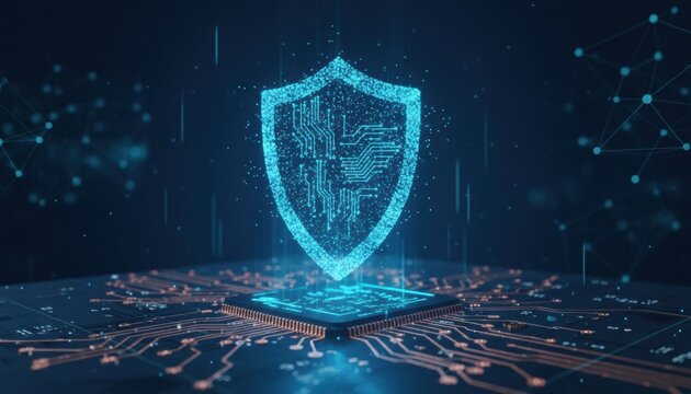 Digital shield hovering above microchip symbolizing cybersecurity protection and modern technology innovation in dark futuristic scene - Powered by Adobe