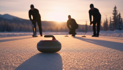 Outdoor curling match on frozen lake at sunset suggesting winter sport tradition in northern region such as canada or norway