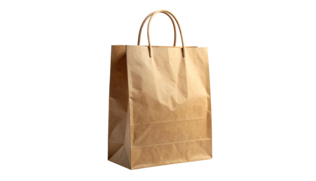 Isolated empty brown kraft paper shopping bag with handles, a versatile transparent background png for eco-friendly packaging mockups and sustainable retail design projects