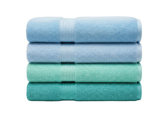 Isolated stack of folded towels, blue and teal colors, soft fabric, bath supplies on display