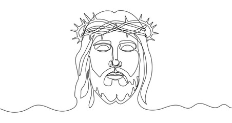 Continuous one line drawing of Jesus Christ's face with a crown of thorns. Editable black stroke on a white background. Vector illustration.