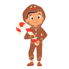 Cartoon boy in gingerbread costume holding candy cane. Cozy holiday winter character for kids greeting cards, festive posters and Christmas party invitations Flat vector new year illustration isolated