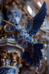 A blue and white porcelain hummingbird, adorned with gold accents