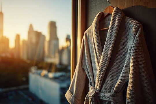 Indulge in luxurious comfort with a plush robe overlooking the vibrant city skyline at sunrise, offering a serene and peaceful escape for relaxation and rejuvenation - Powered by Adobe
