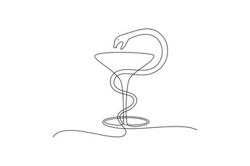Continuous line art of medical symbol with snake and glass 