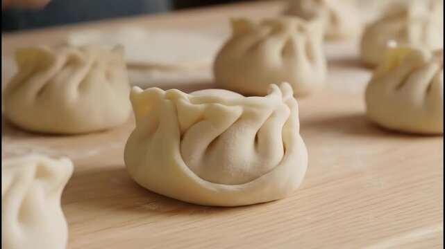 Closeup of hands carefully folding and shaping raw dumpling dough filled with stuffing on a wooden board, 4k video