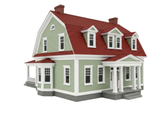 Isolated two-story house with red shingle roof and green siding on clear, neutral backdrop