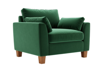 Isolated green plush armchair with pillows and wood legs for living room decor space