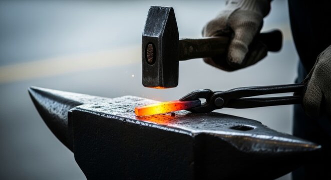 Blacksmith forging hot metal on anvil with hammer and tongs