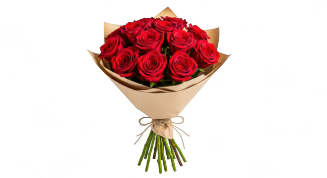 Fresh red rose bouquet wrapped in craft paper, isolated on transparent background