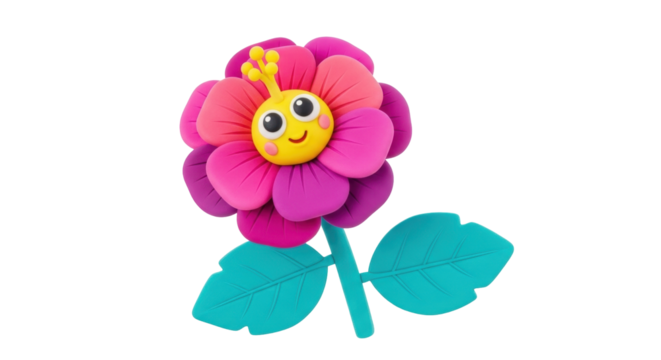Isolated happy flower figurine with leaves and smiling face, on a light solid background