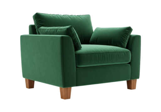 Isolated green plush armchair with pillows and wood legs for living room decor space