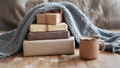 Cozy winter gifts with coffee mug and blanket for holiday season celebration