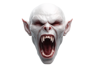 Scary vampire face with opened mouth and big fangs evil undead monster demon portrait for halloween isolated background