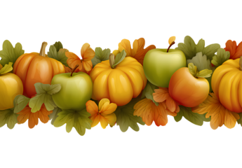 Seamless autumn border of apples pumpkins flowers and leaves horizontal decorative ornament nature theme harvest season