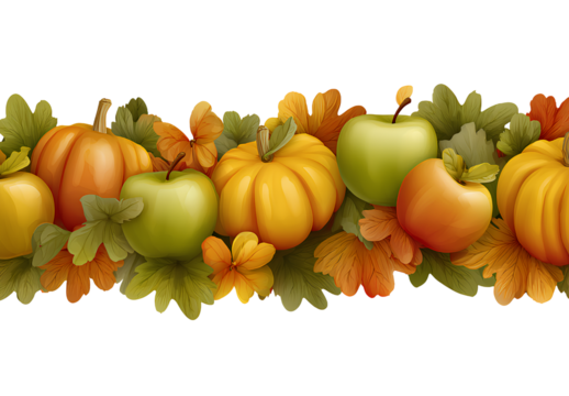Seamless autumn border of apples pumpkins flowers and leaves horizontal decorative ornament nature theme harvest season