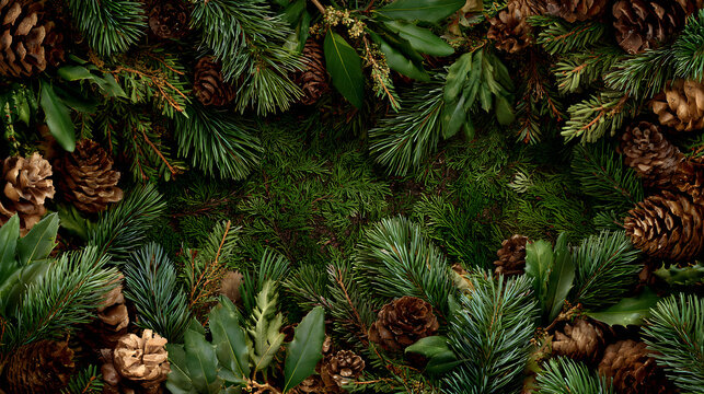 Evergreen forest border with pine cones, twigs and natural foliage surrounding wide earthy center  - Powered by Adobe