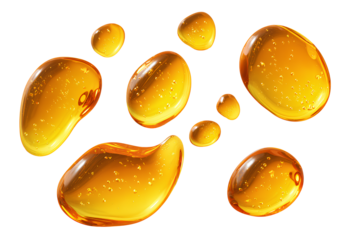 Set of translucent yellow oil drops on transparent backdrop for beauty care skin treatment and natural medicine concept 110 character