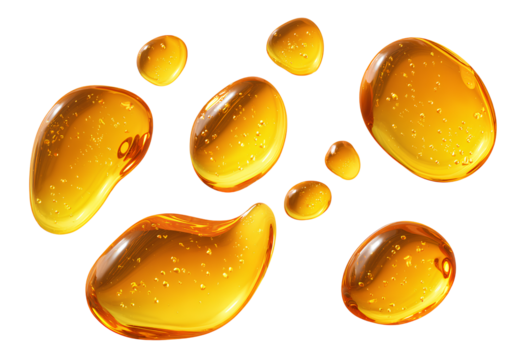 Set of translucent yellow oil drops on transparent backdrop for beauty care skin treatment and natural medicine concept 110 character
